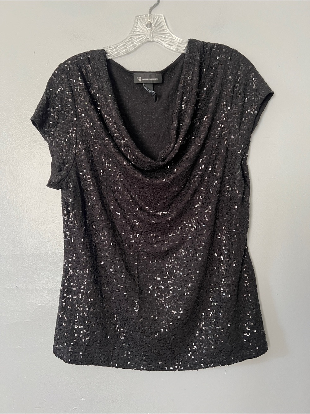 INC International Concepts Black Sequin Draped Cowl Neck Camisole